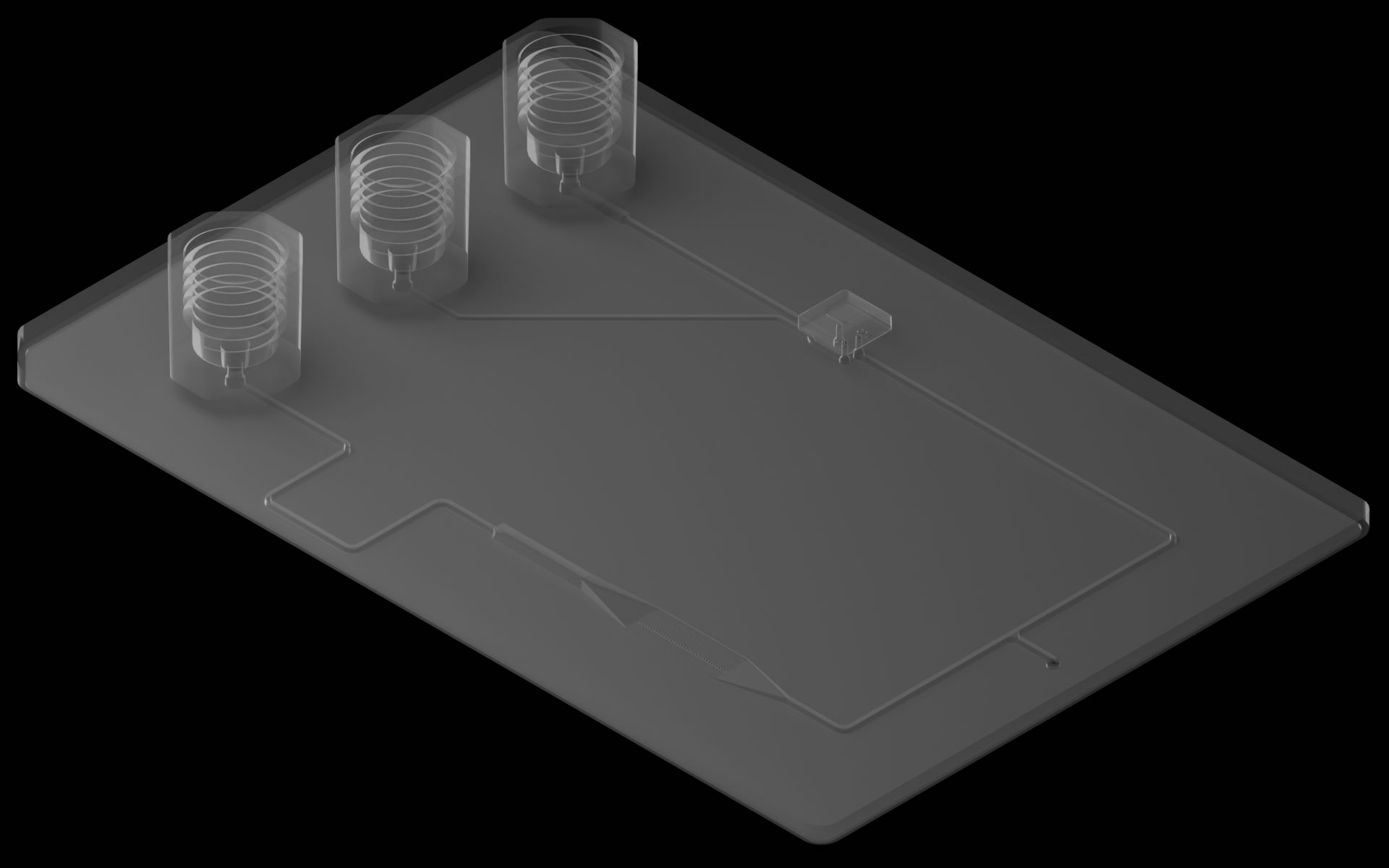 Isometric view of the reference device. From top to bottom, it has 4 pieces of hardware, a fluidic layer, and a cap.