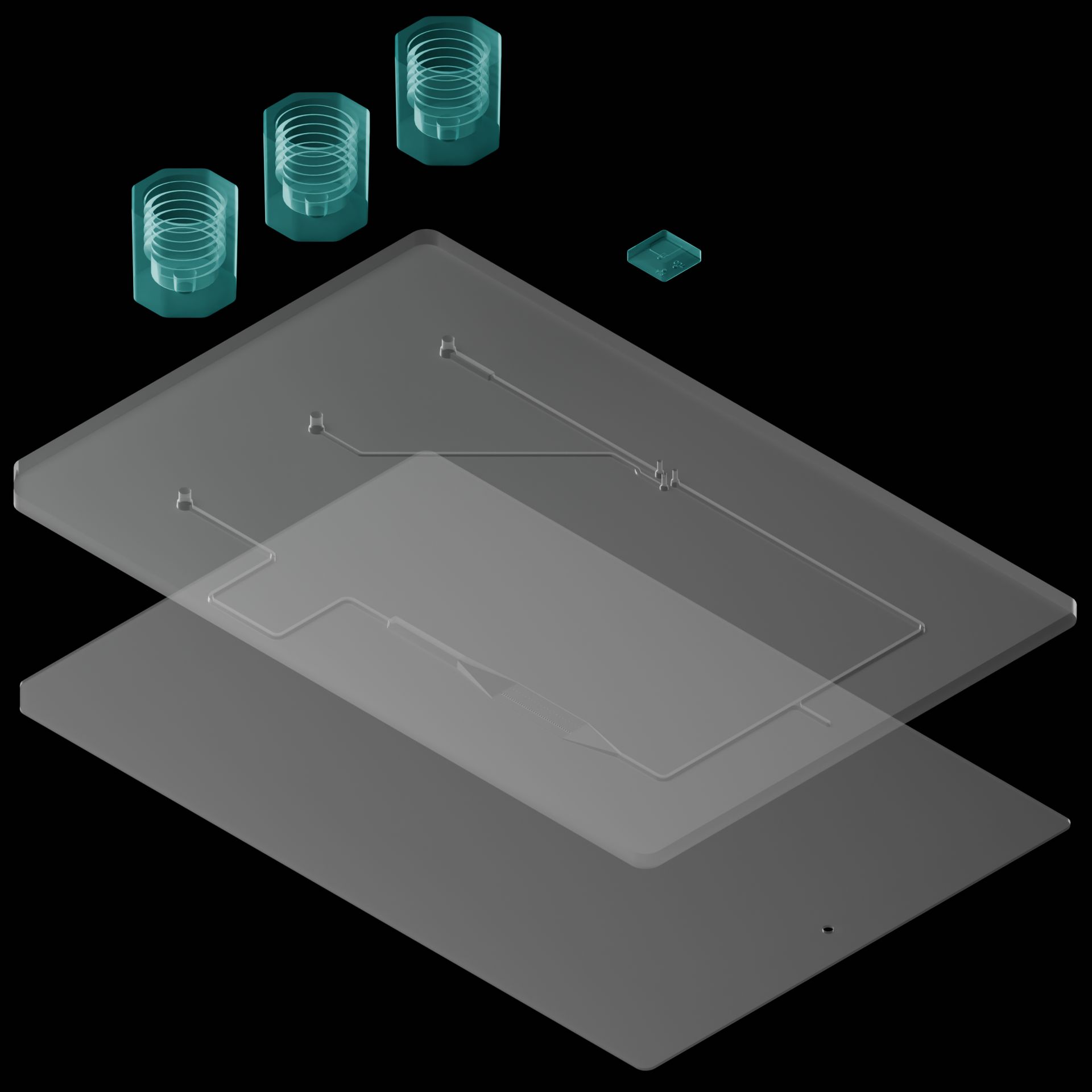 Exploded view of the reference device with the hardware on top highlighted.