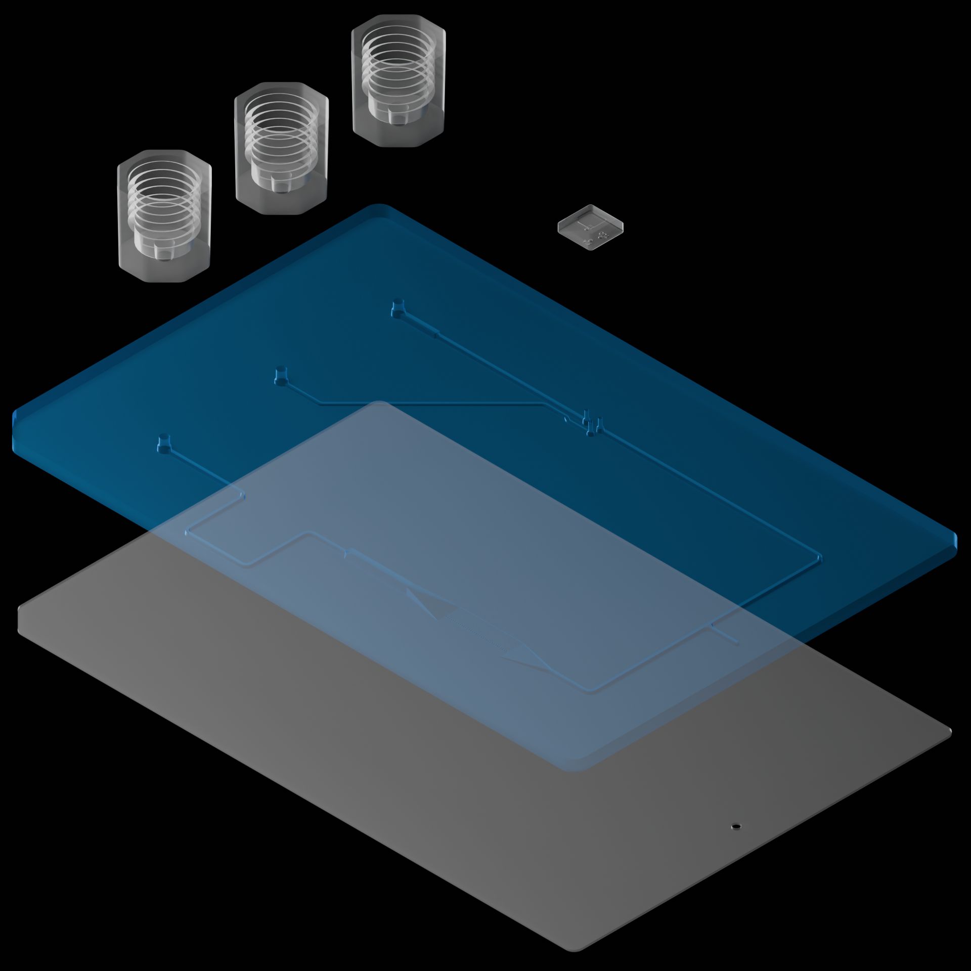 Exploded view of the reference device with the fluidic layer, sandwiched between the hardware and cap, highlighted.