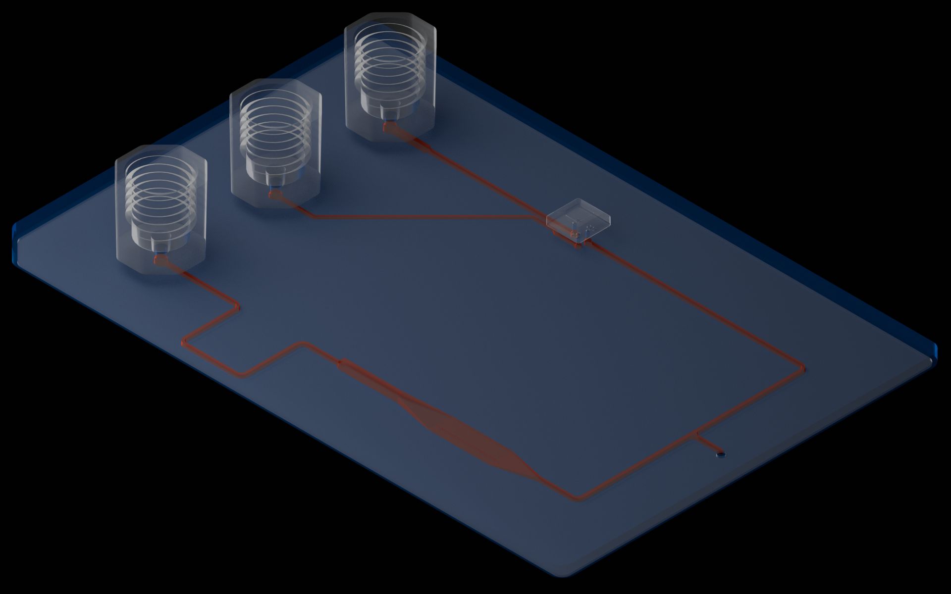 Isometric view of the reference device with all molded microfeatures highlighted.