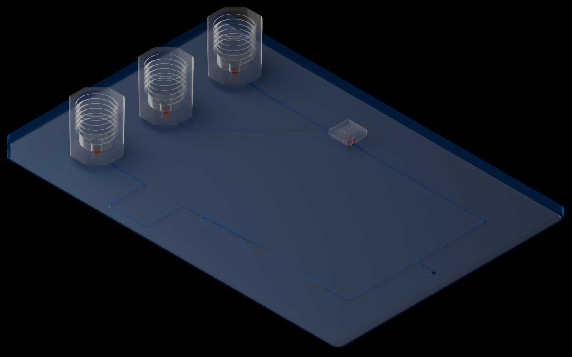 Isometric view of the reference device with the machined portion of all vias highlighted.