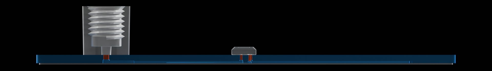 Side cross-section of the reference device with the machined portion of all vias highlighted.