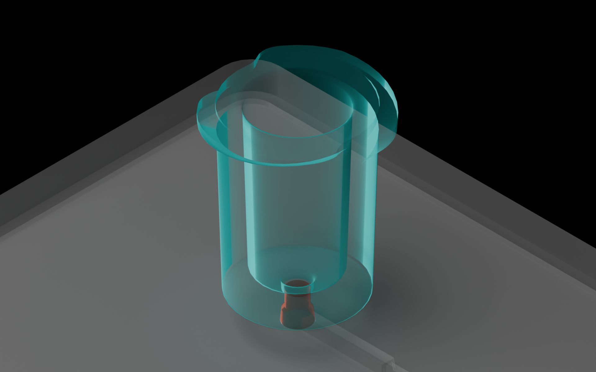 Isometric view of the Luer-lock port on a microfluidic device. The via right below the Luer-lock port is highlighted.