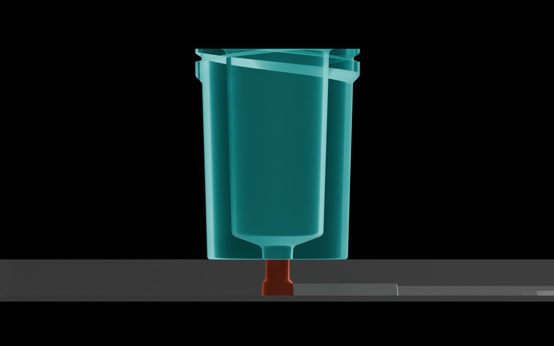 Side cross-section of the Luer-lock port on a microfluidic device. The via right below the Luer-lock port is highlighted.