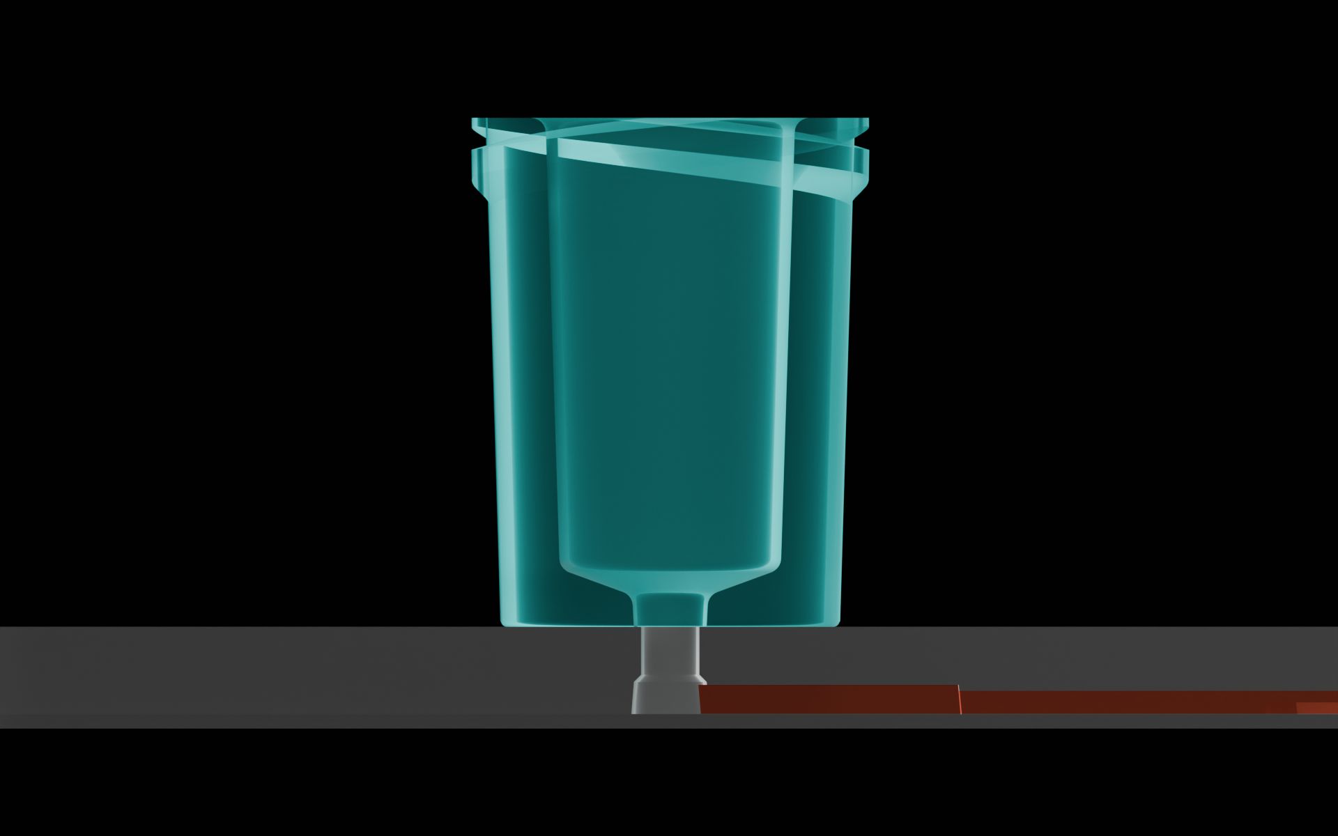 Side cross-section of the Luer-lock port on a microfluidic device. The molded microfeatures, excluding the via, are highlighted.