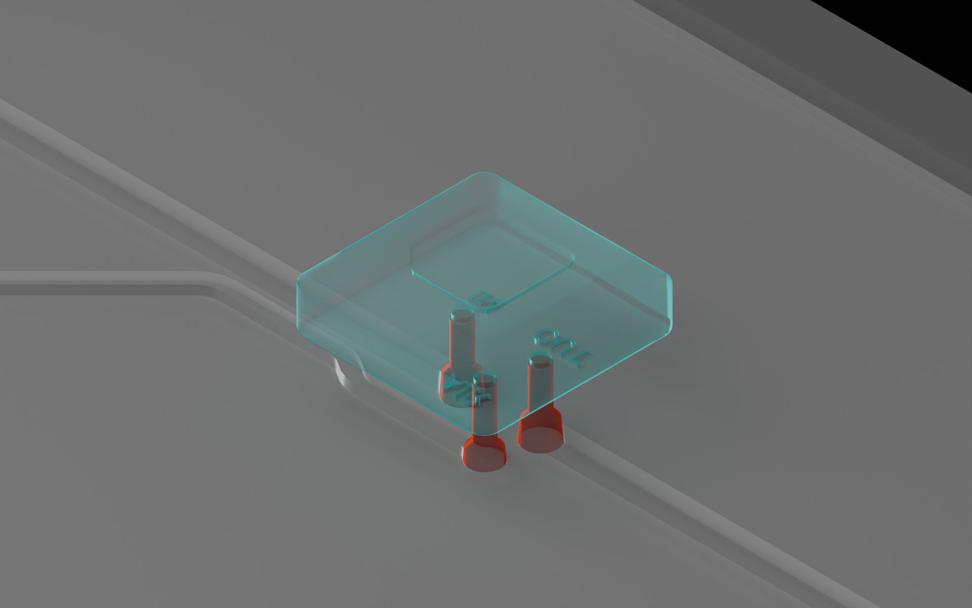 Isometric view of the MV-1 microvalve on a microfluidic device. The 3 vias underneath the M	V-1 are highlighted.