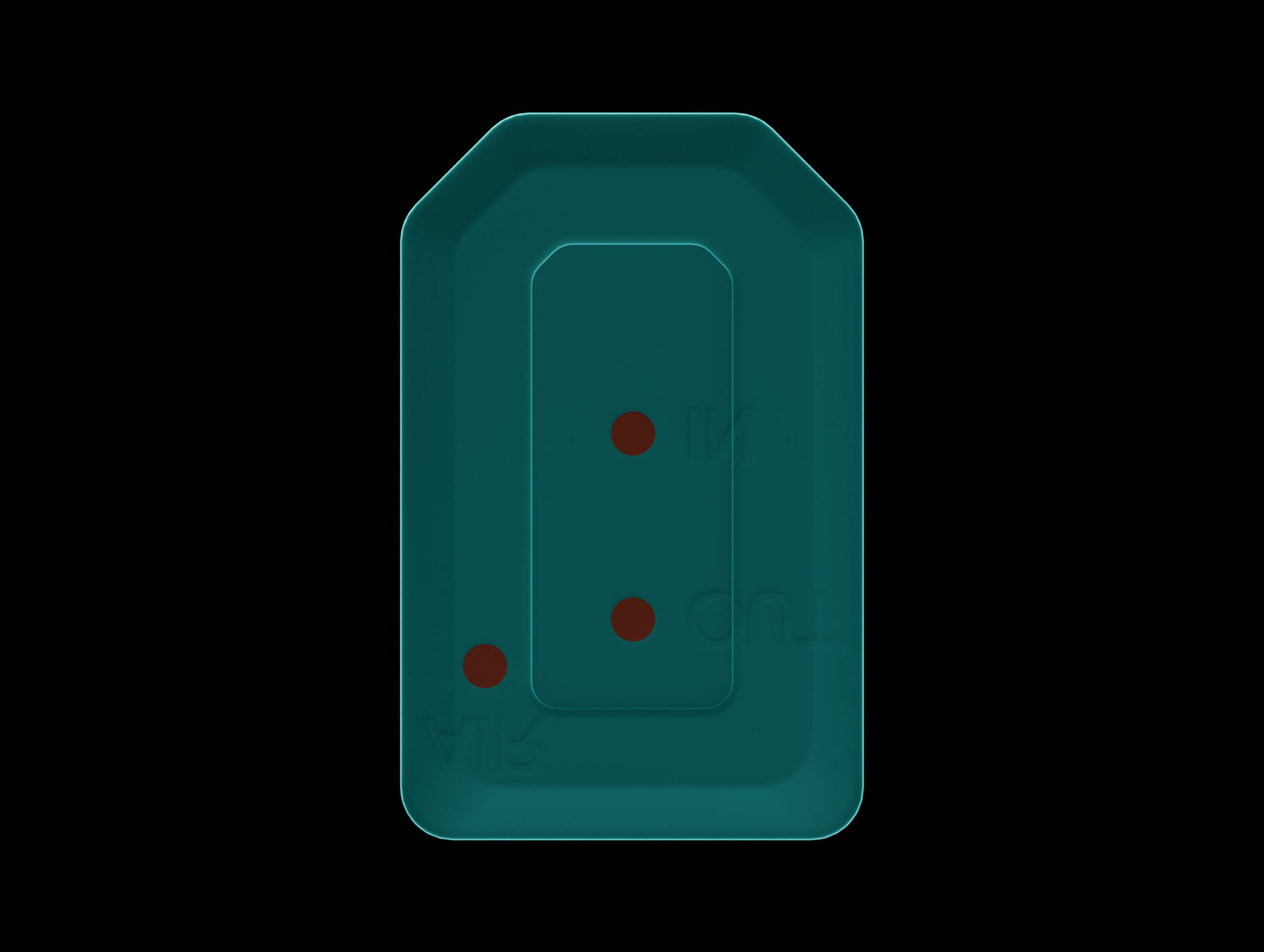 Top view of the MV-2 microvalve with all three ports highlighted. The liquid inlet is 2.20 mm right of the left edge of the MV-2 and 3.05 mm below the top edge of the MV-2. The liquid outlet is 1.75 mm below the liquid inlet and vertically aligned. The air inlet is 2.20 mm below the liquid inlet and 1.75 mm to its left.