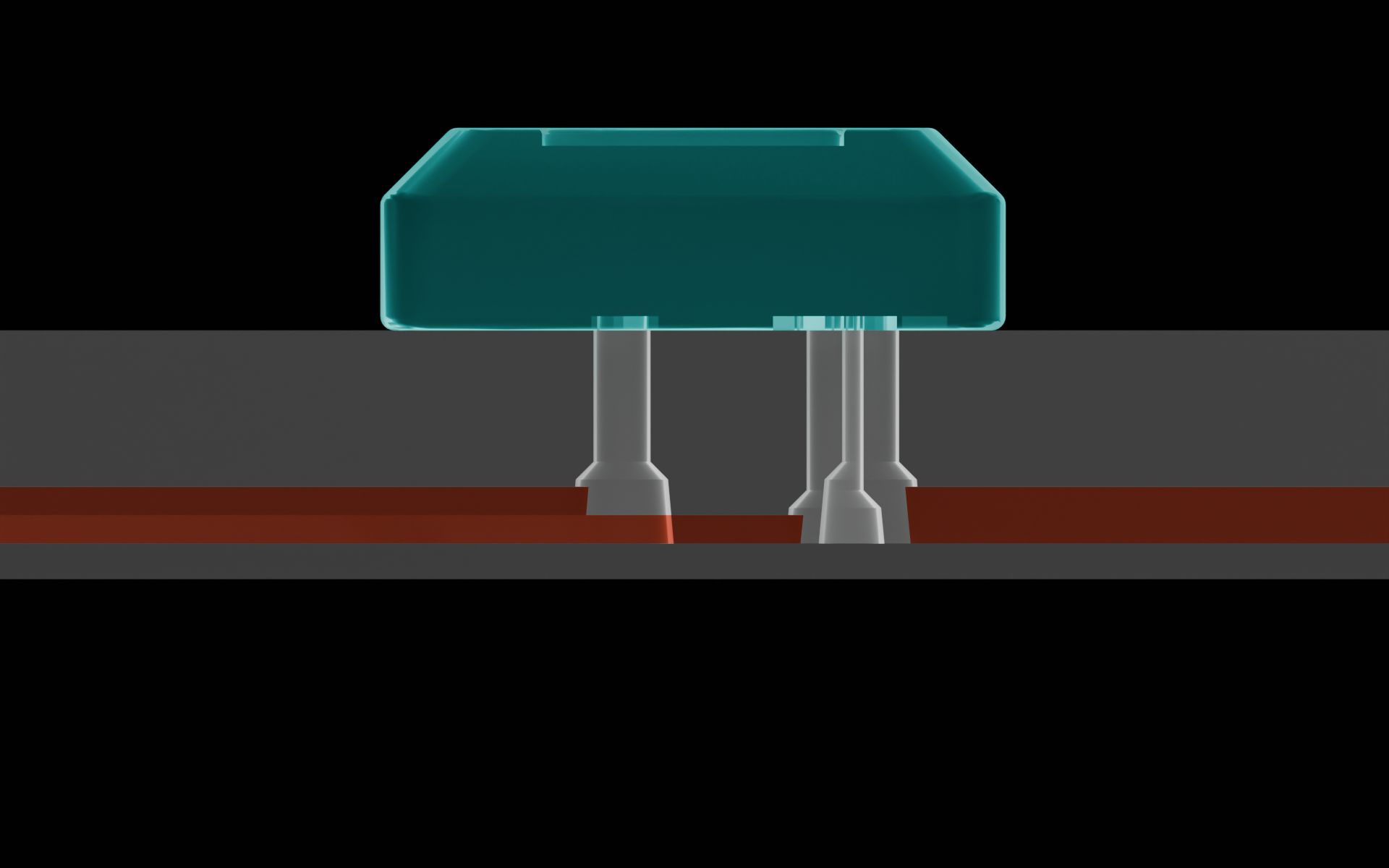 Close-up of the molded microfeatures below the MV-1 microvalve. The vertical distance between the top surface of the tallest molded microfeature and the base of the MV-1 is labeled as greater than or equal to 1.00 mm.