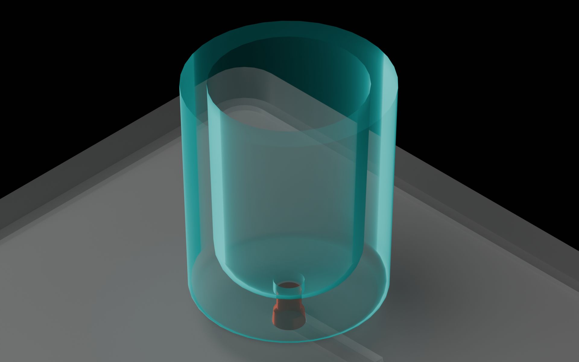 Isometric view of the reservoir on a microfluidic device. The via right below the Luer-lock port is highlighted.