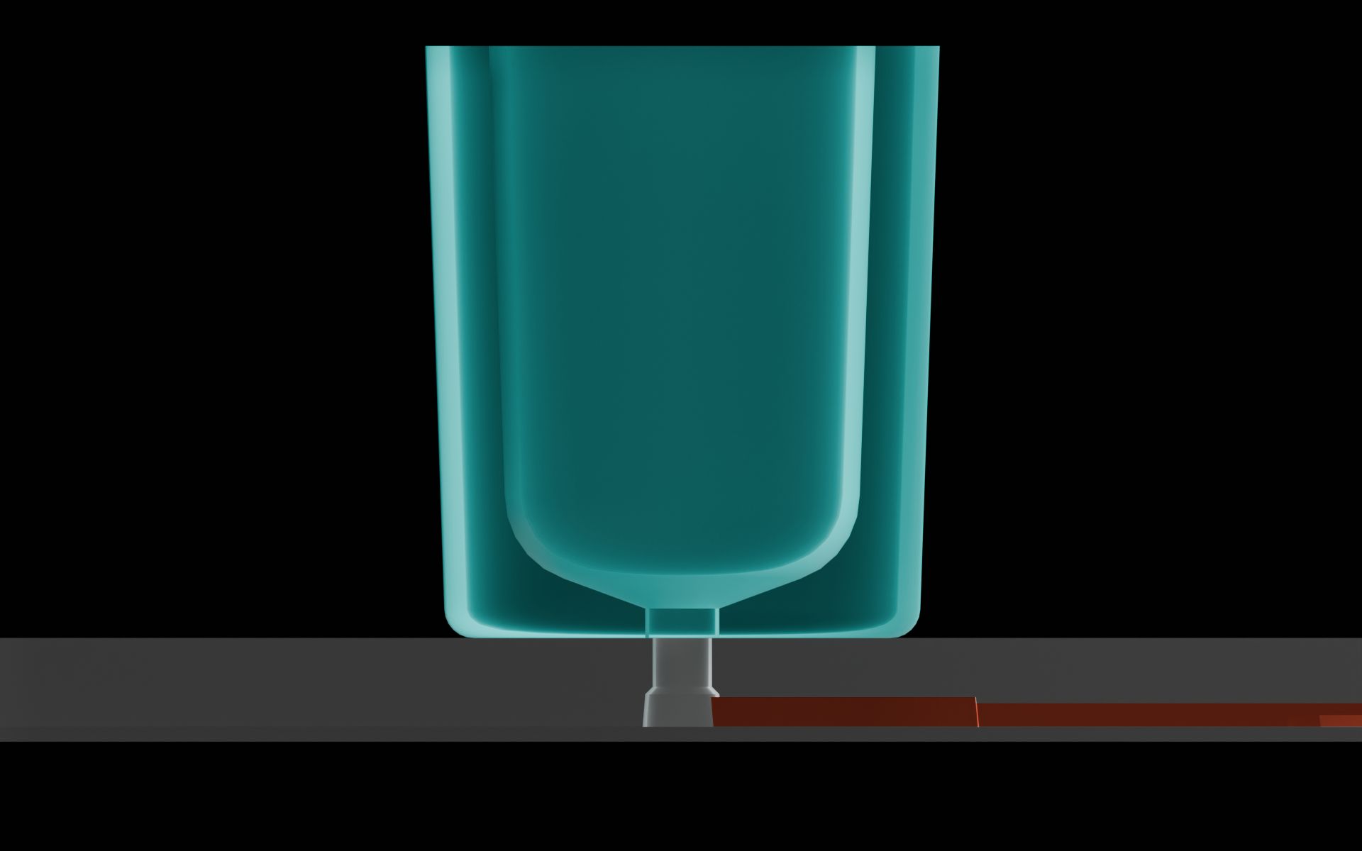 Side cross-section of the reservoir on a microfluidic device. The molded microfeatures, excluding the via, are highlighted.