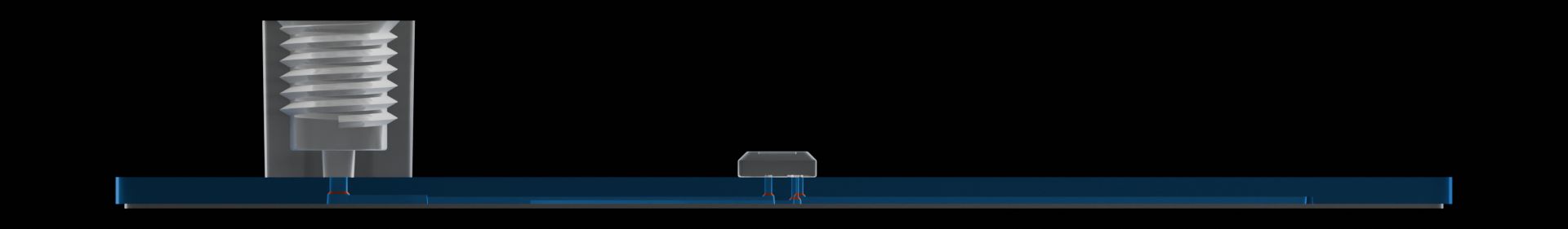 Side cross-section of the reference device with all vias’ chamfer highlighted.