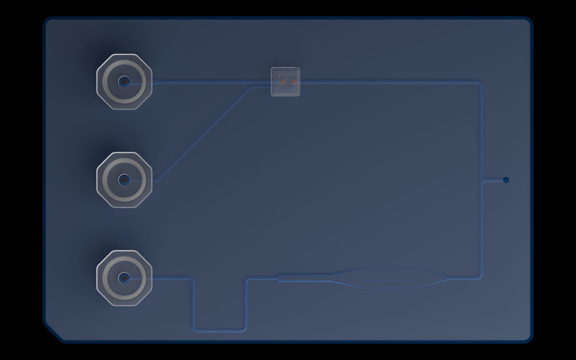 Top view of the reference device with two vias under an MV-1 microvalve highlighted.